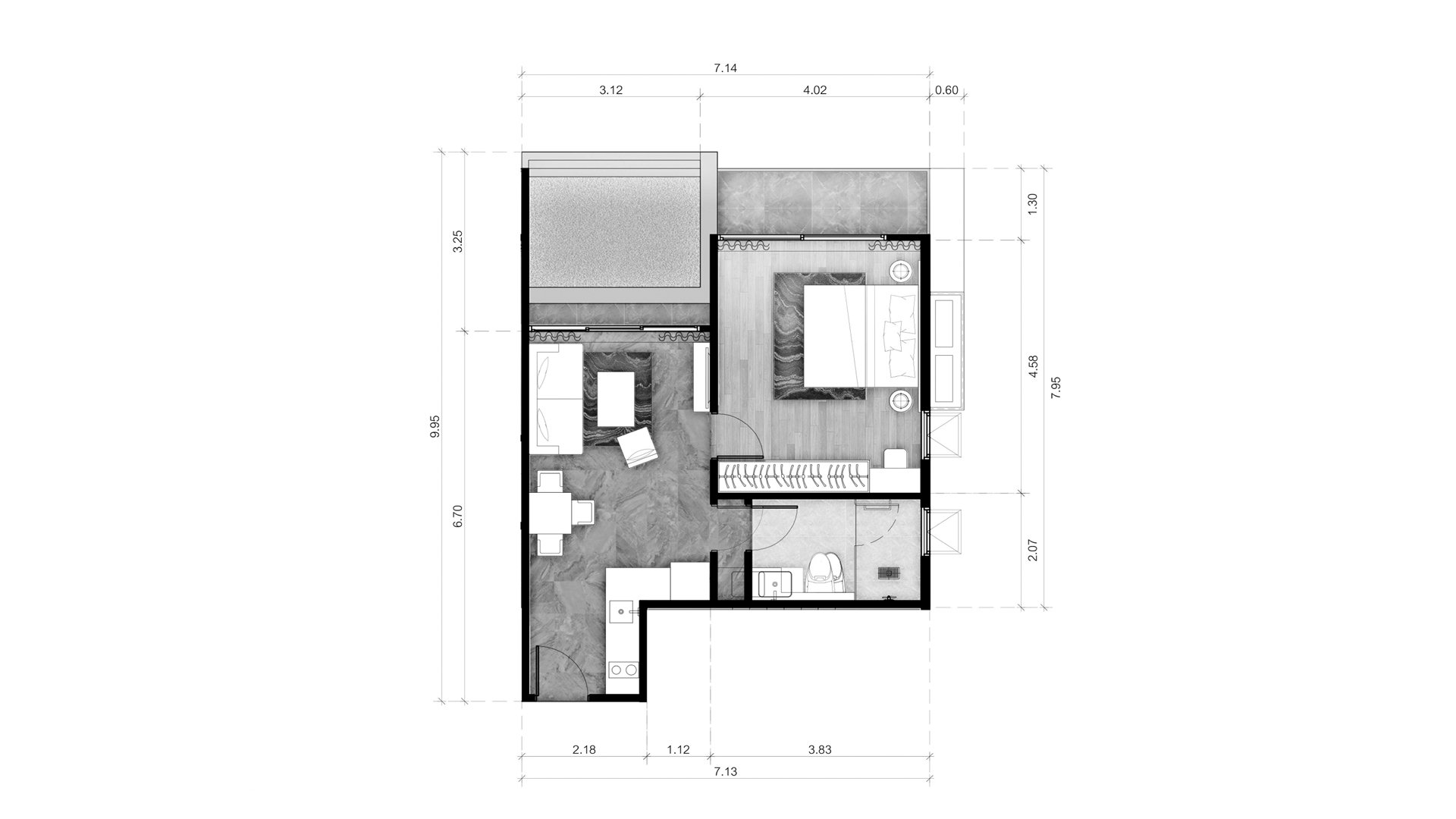 Планировка квартиры 1 спальня в корпусе Building R12 ABOV Patong in Patong Beach, Kathu, Phuket, Thailand, ЖК ABOV Patong № 11028