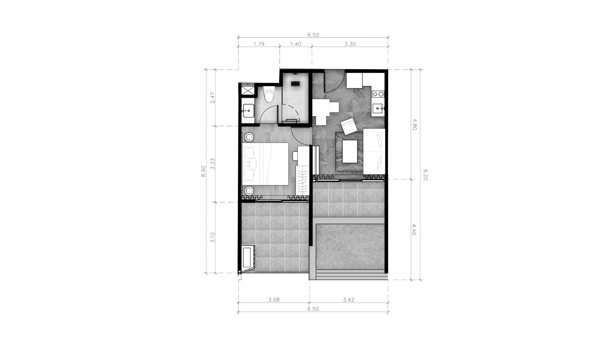 Планировка квартиры 1 спальня в корпусе Building R13 ABOV Patong in Patong Beach, Kathu, Phuket, Thailand, ЖК ABOV Patong № 11025