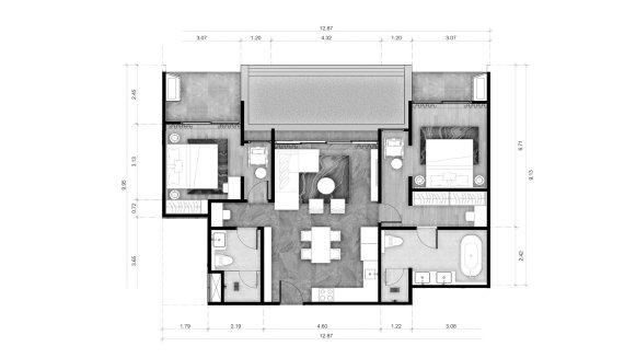 Apartment floor plan, 2 bedrooms in building Building R12 ABOV Patong in Patong Beach, Kathu, Phuket, Thailand, ABOV Patong No. 11010 (2D)