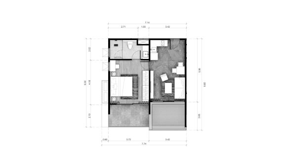 Apartment floor plan, 1 bedroom in building Building R10 ABOV Patong in Patong Beach, Kathu, Phuket, Thailand, ABOV Patong No. 11018 (2D)